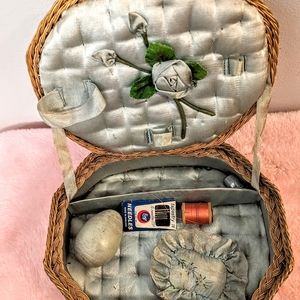 Vintage wicked sewing box with contents